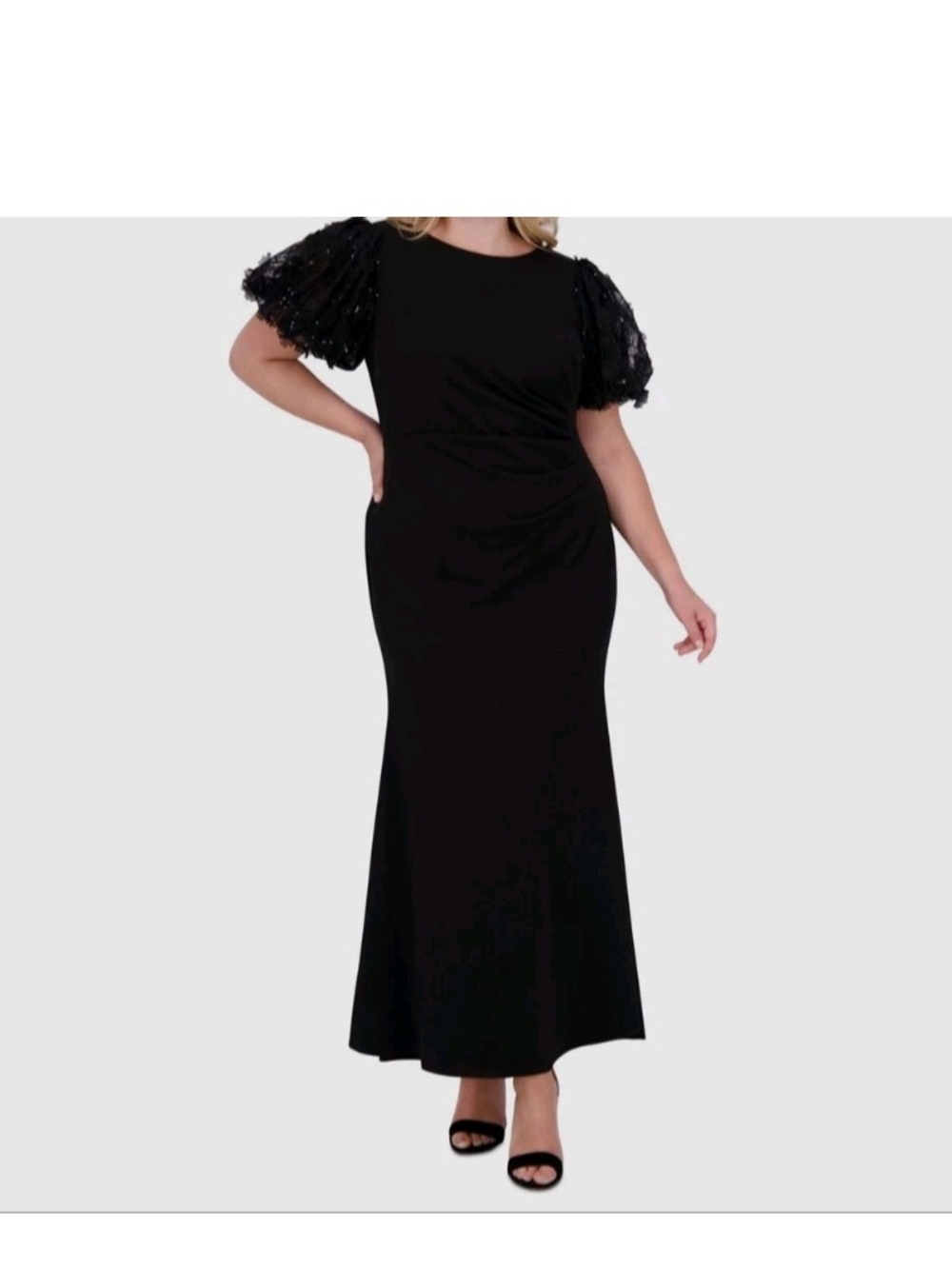 Eliza J Black Maxi Dress with Puff Lace Sleeves Size 10